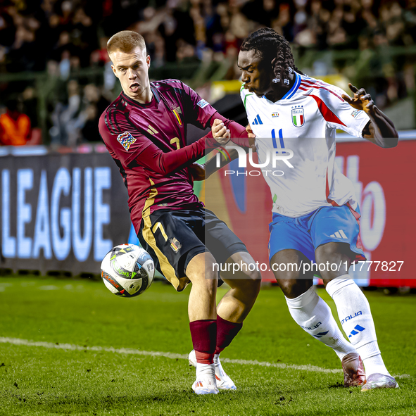 Belgium midfielder Arthur Vermeeren and Italy forward Moise Kean play during the match between Belgium and Italy at the King Baudouin Stadiu...