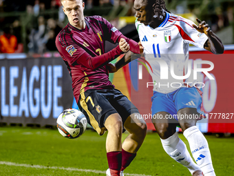 Belgium midfielder Arthur Vermeeren and Italy forward Moise Kean play during the match between Belgium and Italy at the King Baudouin Stadiu...