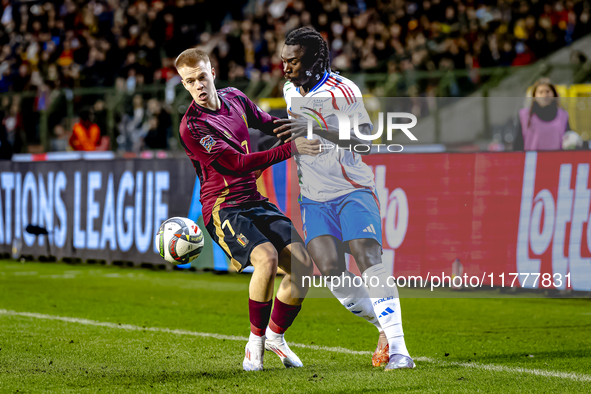 Belgium midfielder Arthur Vermeeren and Italy forward Moise Kean play during the match between Belgium and Italy at the King Baudouin Stadiu...