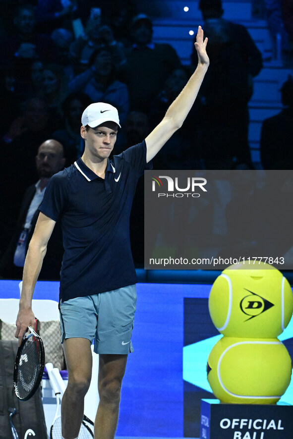 Jannik Sinner (ITA) wins against Daniil Medvedev (RUS) during day five of the Nitto ATP Finals 2024 at Inalpi Arena in Turin, Italy, on Nove...