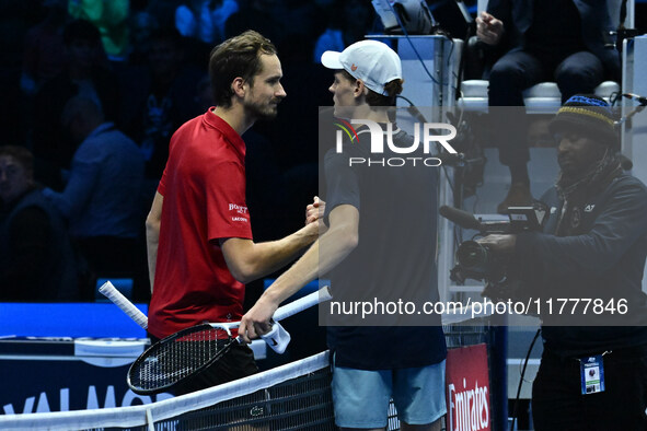 Daniil Medvedev (RUS) and Jannik Sinner (ITA) participate during day five of the Nitto ATP finals 2024 at Inalpi Arena in Turin, Italy, on N...