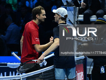 Daniil Medvedev (RUS) and Jannik Sinner (ITA) participate during day five of the Nitto ATP finals 2024 at Inalpi Arena in Turin, Italy, on N...