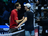 Daniil Medvedev (RUS) and Jannik Sinner (ITA) participate during day five of the Nitto ATP finals 2024 at Inalpi Arena in Turin, Italy, on N...