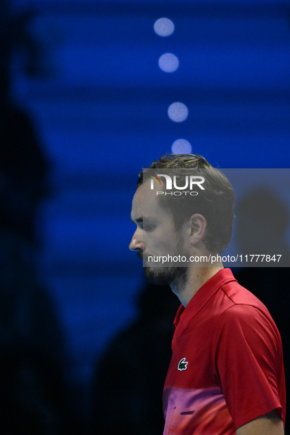 Daniil Medvedev (RUS) competes against Jannik Sinner (ITA) during day five of the Nitto ATP Finals 2024 at Inalpi Arena in Turin, Italy, on...