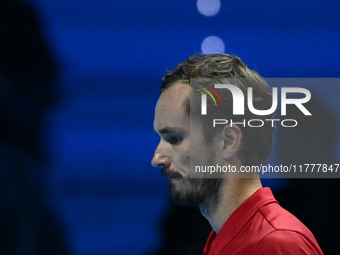 Daniil Medvedev (RUS) competes against Jannik Sinner (ITA) during day five of the Nitto ATP Finals 2024 at Inalpi Arena in Turin, Italy, on...