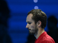 Daniil Medvedev (RUS) competes against Jannik Sinner (ITA) during day five of the Nitto ATP Finals 2024 at Inalpi Arena in Turin, Italy, on...