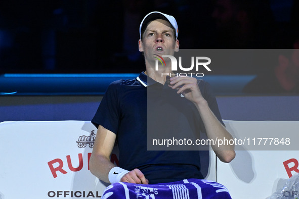 Jannik Sinner (ITA) competes against Daniil Medvedev (RUS) during day five of the Nitto ATP Finals 2024 at Inalpi Arena in Turin, Italy, on...