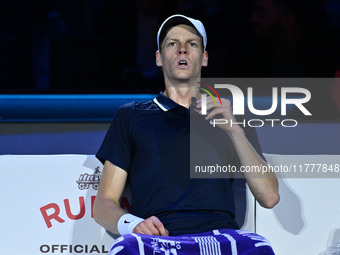 Jannik Sinner (ITA) competes against Daniil Medvedev (RUS) during day five of the Nitto ATP Finals 2024 at Inalpi Arena in Turin, Italy, on...