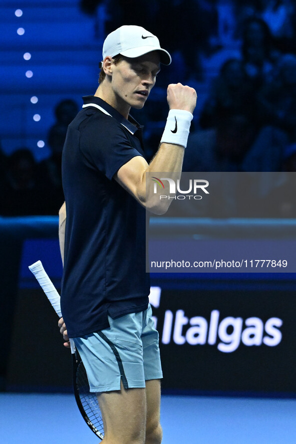 Jannik Sinner (ITA) competes against Daniil Medvedev (RUS) during day five of the Nitto ATP Finals 2024 at Inalpi Arena in Turin, Italy, on...