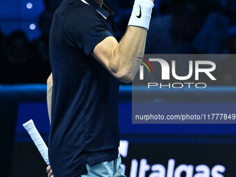 Jannik Sinner (ITA) competes against Daniil Medvedev (RUS) during day five of the Nitto ATP Finals 2024 at Inalpi Arena in Turin, Italy, on...