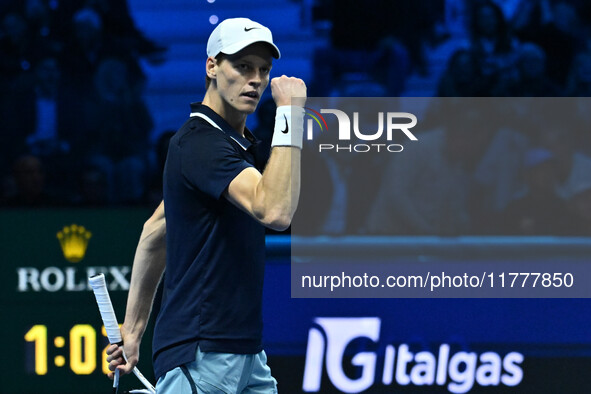 Jannik Sinner (ITA) competes against Daniil Medvedev (RUS) during day five of the Nitto ATP Finals 2024 at Inalpi Arena in Turin, Italy, on...