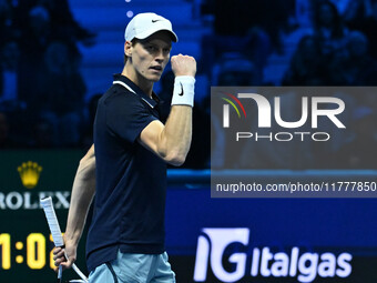 Jannik Sinner (ITA) competes against Daniil Medvedev (RUS) during day five of the Nitto ATP Finals 2024 at Inalpi Arena in Turin, Italy, on...