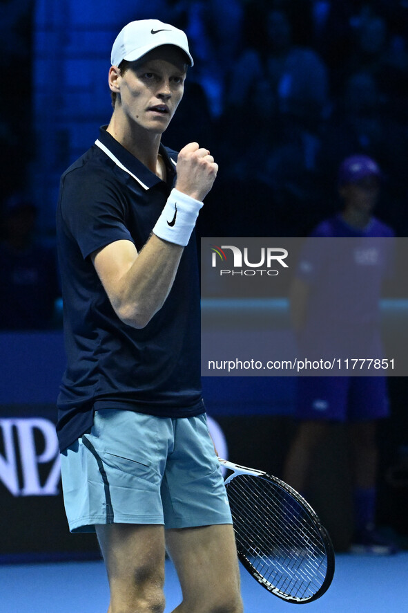 Jannik Sinner (ITA) competes against Daniil Medvedev (RUS) during day five of the Nitto ATP Finals 2024 at Inalpi Arena in Turin, Italy, on...