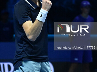 Jannik Sinner (ITA) competes against Daniil Medvedev (RUS) during day five of the Nitto ATP Finals 2024 at Inalpi Arena in Turin, Italy, on...