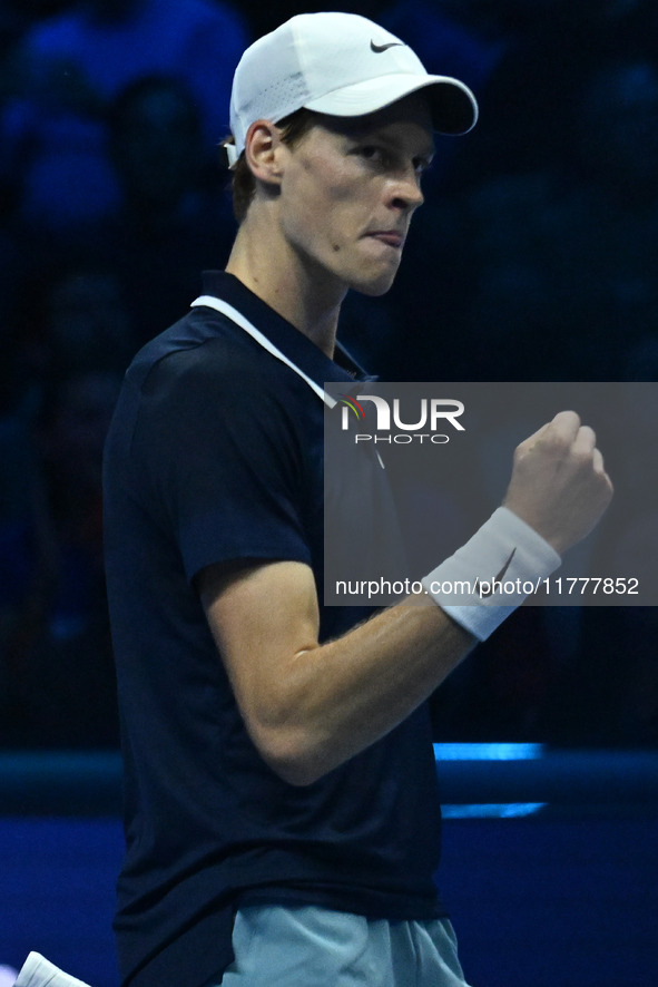 Jannik Sinner (ITA) competes against Daniil Medvedev (RUS) during day five of the Nitto ATP Finals 2024 at Inalpi Arena in Turin, Italy, on...