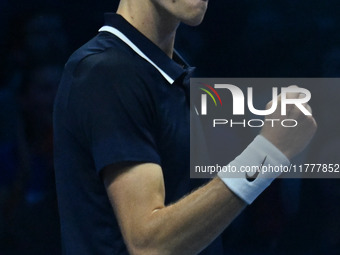 Jannik Sinner (ITA) competes against Daniil Medvedev (RUS) during day five of the Nitto ATP Finals 2024 at Inalpi Arena in Turin, Italy, on...