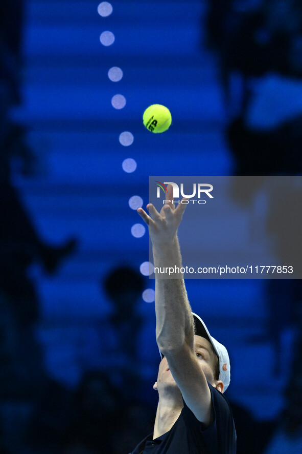 Jannik Sinner (ITA) competes against Daniil Medvedev (RUS) during day five of the Nitto ATP Finals 2024 at Inalpi Arena in Turin, Italy, on...