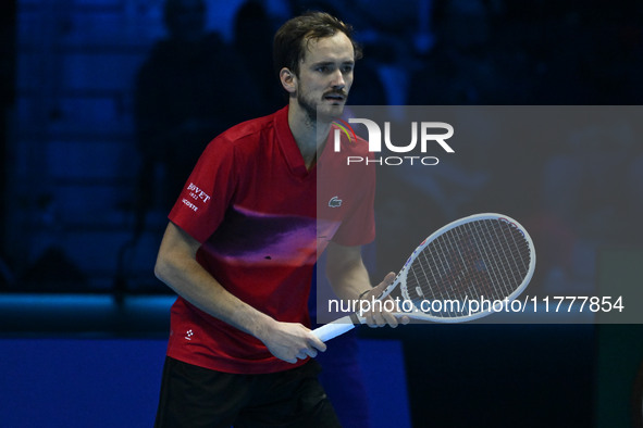 Daniil Medvedev (RUS) competes against Jannik Sinner (ITA) during day five of the Nitto ATP Finals 2024 at Inalpi Arena in Turin, Italy, on...