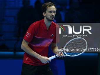 Daniil Medvedev (RUS) competes against Jannik Sinner (ITA) during day five of the Nitto ATP Finals 2024 at Inalpi Arena in Turin, Italy, on...