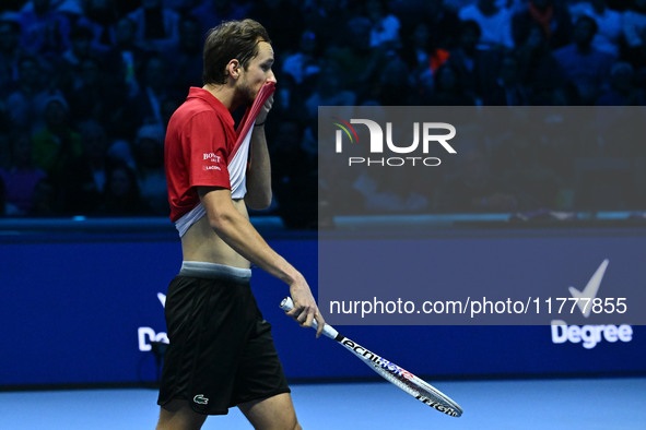 Daniil Medvedev (RUS) competes against Jannik Sinner (ITA) during day five of the Nitto ATP Finals 2024 at Inalpi Arena in Turin, Italy, on...