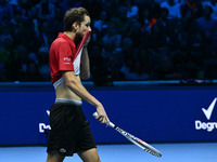 Daniil Medvedev (RUS) competes against Jannik Sinner (ITA) during day five of the Nitto ATP Finals 2024 at Inalpi Arena in Turin, Italy, on...