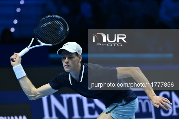 Jannik Sinner (ITA) competes against Daniil Medvedev (RUS) during day five of the Nitto ATP Finals 2024 at Inalpi Arena in Turin, Italy, on...