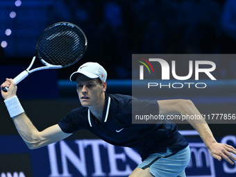 Jannik Sinner (ITA) competes against Daniil Medvedev (RUS) during day five of the Nitto ATP Finals 2024 at Inalpi Arena in Turin, Italy, on...