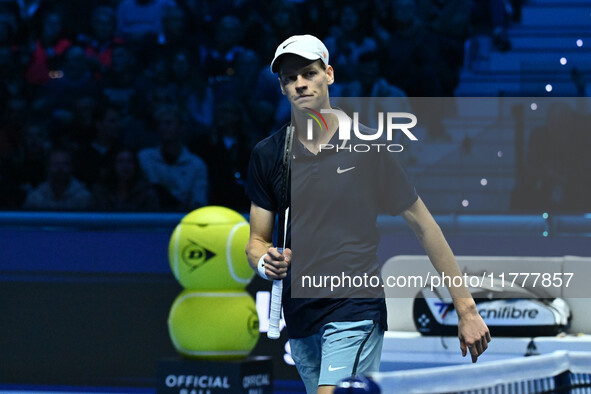 Jannik Sinner (ITA) competes against Daniil Medvedev (RUS) during day five of the Nitto ATP Finals 2024 at Inalpi Arena in Turin, Italy, on...