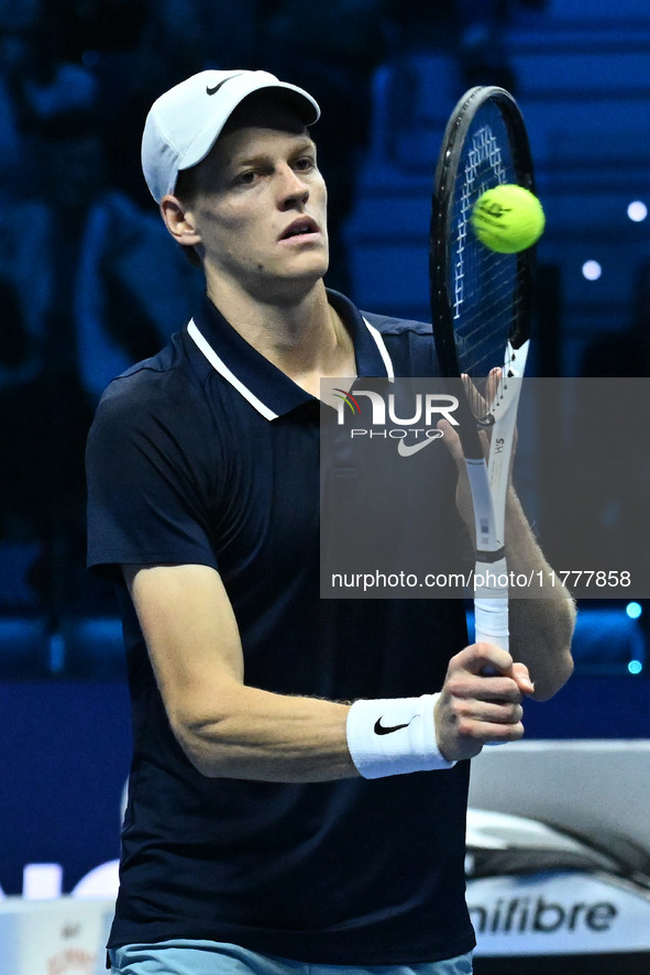 Jannik Sinner (ITA) competes against Daniil Medvedev (RUS) during day five of the Nitto ATP Finals 2024 at Inalpi Arena in Turin, Italy, on...