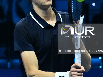 Jannik Sinner (ITA) competes against Daniil Medvedev (RUS) during day five of the Nitto ATP Finals 2024 at Inalpi Arena in Turin, Italy, on...