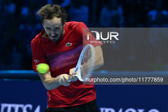 Daniil Medvedev (RUS) competes against Jannik Sinner (ITA) during day five of the Nitto ATP Finals 2024 at Inalpi Arena in Turin, Italy, on...