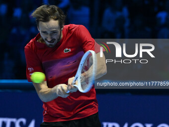 Daniil Medvedev (RUS) competes against Jannik Sinner (ITA) during day five of the Nitto ATP Finals 2024 at Inalpi Arena in Turin, Italy, on...