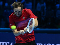 Daniil Medvedev (RUS) competes against Jannik Sinner (ITA) during day five of the Nitto ATP Finals 2024 at Inalpi Arena in Turin, Italy, on...