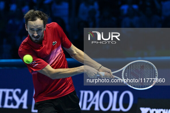 Daniil Medvedev (RUS) competes against Jannik Sinner (ITA) during day five of the Nitto ATP Finals 2024 at Inalpi Arena in Turin, Italy, on...