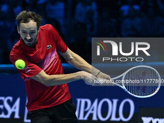 Daniil Medvedev (RUS) competes against Jannik Sinner (ITA) during day five of the Nitto ATP Finals 2024 at Inalpi Arena in Turin, Italy, on...