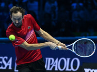 Daniil Medvedev (RUS) competes against Jannik Sinner (ITA) during day five of the Nitto ATP Finals 2024 at Inalpi Arena in Turin, Italy, on...