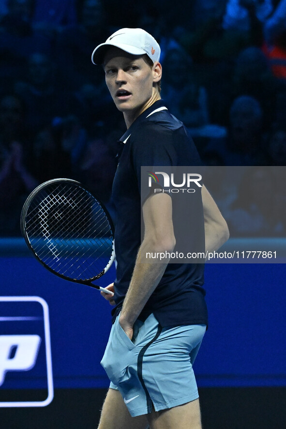 Jannik Sinner (ITA) competes against Daniil Medvedev (RUS) during day five of the Nitto ATP Finals 2024 at Inalpi Arena in Turin, Italy, on...