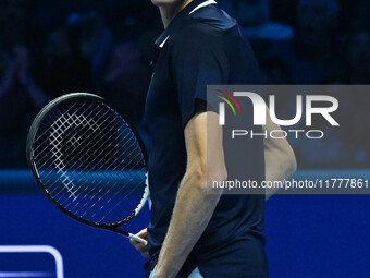 Jannik Sinner (ITA) competes against Daniil Medvedev (RUS) during day five of the Nitto ATP Finals 2024 at Inalpi Arena in Turin, Italy, on...