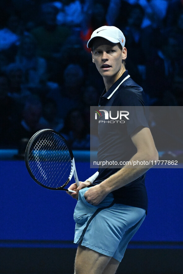 Jannik Sinner (ITA) competes against Daniil Medvedev (RUS) during day five of the Nitto ATP Finals 2024 at Inalpi Arena in Turin, Italy, on...