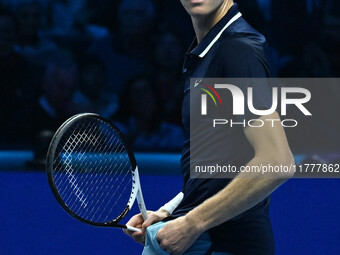 Jannik Sinner (ITA) competes against Daniil Medvedev (RUS) during day five of the Nitto ATP Finals 2024 at Inalpi Arena in Turin, Italy, on...