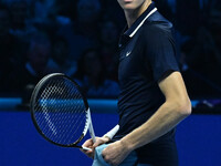 Jannik Sinner (ITA) competes against Daniil Medvedev (RUS) during day five of the Nitto ATP Finals 2024 at Inalpi Arena in Turin, Italy, on...