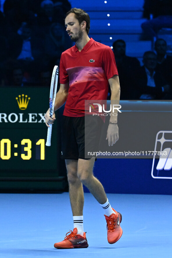 Daniil Medvedev (RUS) competes against Jannik Sinner (ITA) during day five of the Nitto ATP Finals 2024 at Inalpi Arena in Turin, Italy, on...