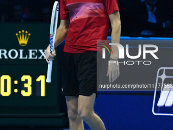 Daniil Medvedev (RUS) competes against Jannik Sinner (ITA) during day five of the Nitto ATP Finals 2024 at Inalpi Arena in Turin, Italy, on...