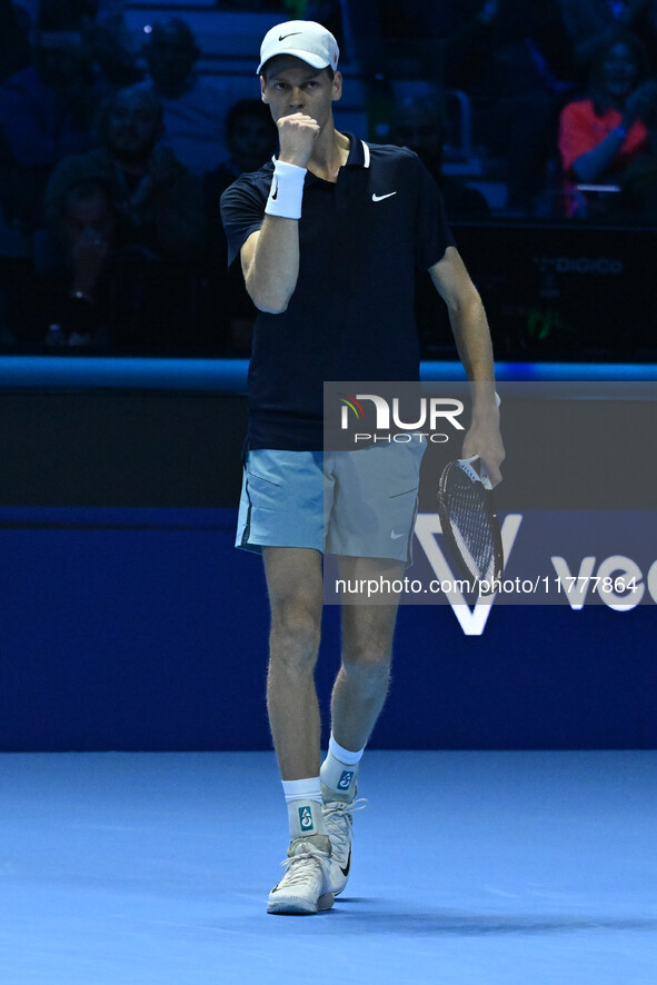 Jannik Sinner (ITA) competes against Daniil Medvedev (RUS) during day five of the Nitto ATP Finals 2024 at Inalpi Arena in Turin, Italy, on...