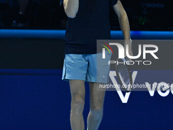 Jannik Sinner (ITA) competes against Daniil Medvedev (RUS) during day five of the Nitto ATP Finals 2024 at Inalpi Arena in Turin, Italy, on...