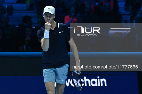 Jannik Sinner (ITA) competes against Daniil Medvedev (RUS) during day five of the Nitto ATP Finals 2024 at Inalpi Arena in Turin, Italy, on...