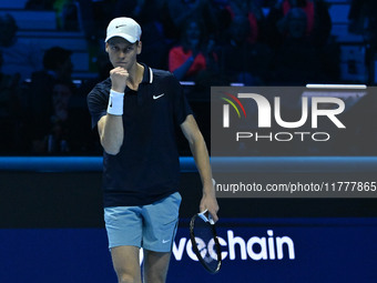 Jannik Sinner (ITA) competes against Daniil Medvedev (RUS) during day five of the Nitto ATP Finals 2024 at Inalpi Arena in Turin, Italy, on...