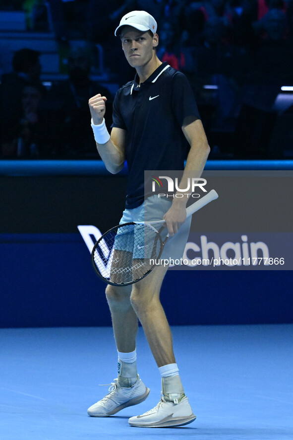 Jannik Sinner (ITA) competes against Daniil Medvedev (RUS) during day five of the Nitto ATP Finals 2024 at Inalpi Arena in Turin, Italy, on...