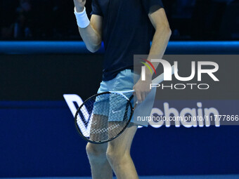 Jannik Sinner (ITA) competes against Daniil Medvedev (RUS) during day five of the Nitto ATP Finals 2024 at Inalpi Arena in Turin, Italy, on...