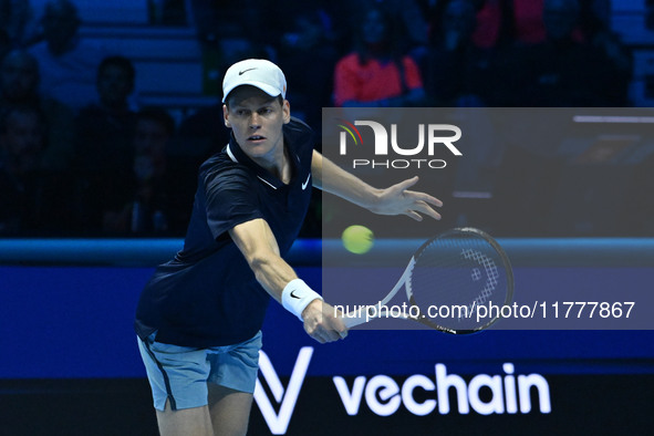 Jannik Sinner (ITA) competes against Daniil Medvedev (RUS) during day five of the Nitto ATP Finals 2024 at Inalpi Arena in Turin, Italy, on...